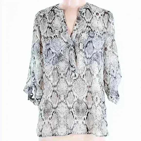 Apt. 9 Tops - Apt. 9 Sheer Women Blouse Snake Print Gray, V Neck, Size L 3/4 Roll Tab Sleeve